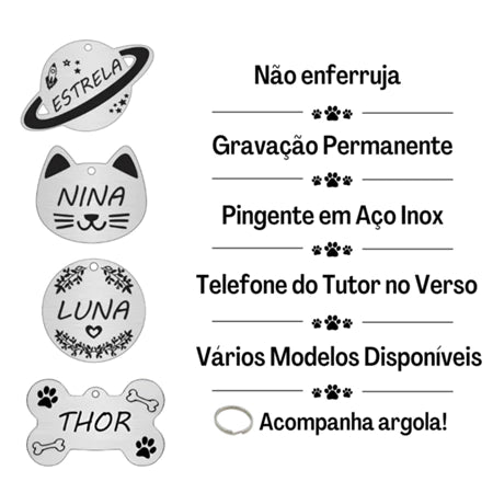 Plaquinha de Identificação Pet Pingente Cachorro Gato Personalizado