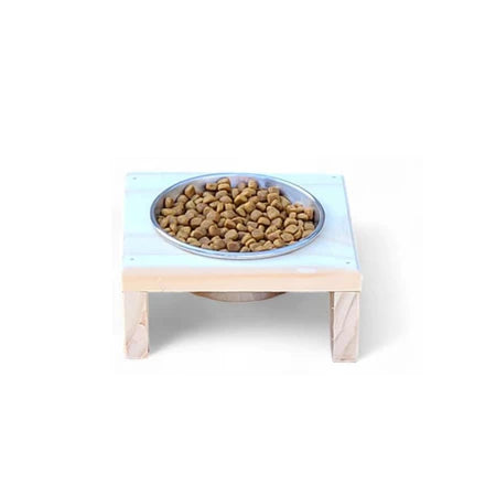 Comedouro de Gato em Madeira e tigela de Alumínio