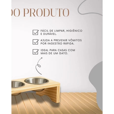 Comedouro de Gato em Madeira e tigela de Alumínio
