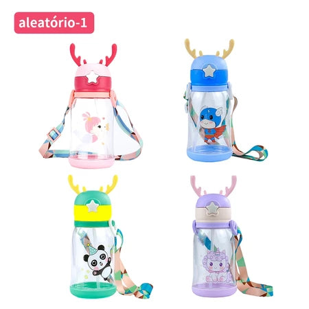 Garrafas De Alce Água Portáti Infantil 600ml Com Canudo e Cordão Copos Desenho