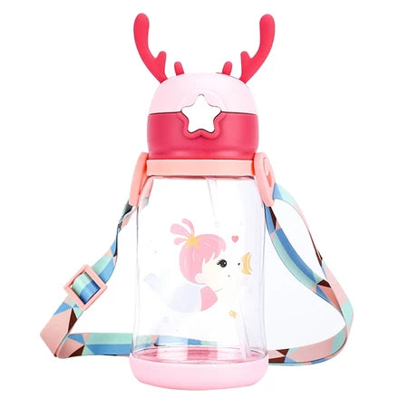 Garrafas De Alce Água Portáti Infantil 600ml Com Canudo e Cordão Copos Desenho