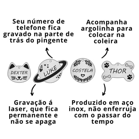 Plaquinha de Identificação Pet Pingente Cachorro Gato Personalizado
