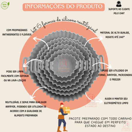 Kit 6 Cesto Em Silicone Antiaderente Air Fryer Reutilizável Protetor Microondas Panela Forno Cesta Antiaderente