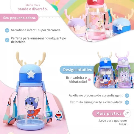 Garrafas De Alce Água Portáti Infantil 600ml Com Canudo e Cordão Copos Desenho