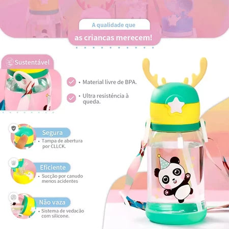 Garrafas De Alce Água Portáti Infantil 600ml Com Canudo e Cordão Copos Desenho