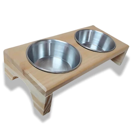 Comedouro de Gato em Madeira e tigela de Alumínio